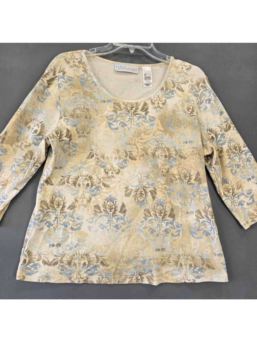 First Issue Liz Claiborne Cream Floral Shirt Sequin Scoop Neck Tee Womens Size L